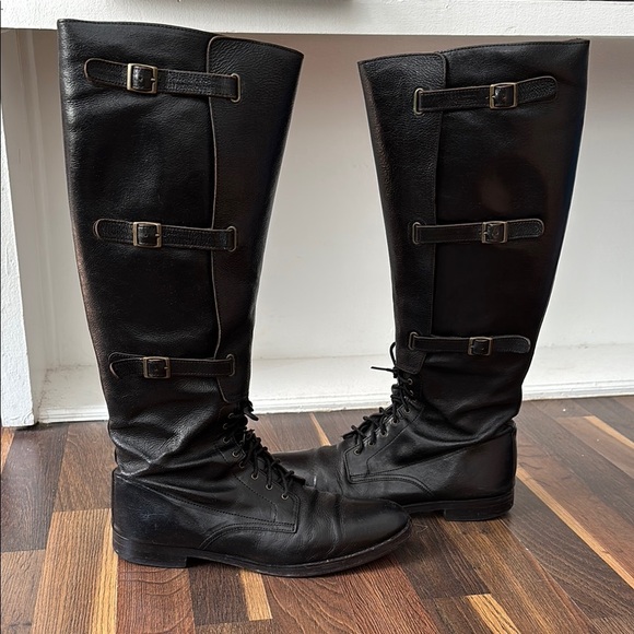 Cole Haan Black Leather Zip, Buckle & Lace 17” Tall Knee-High Riding Boots Sz 9 - Picture 1 of 14